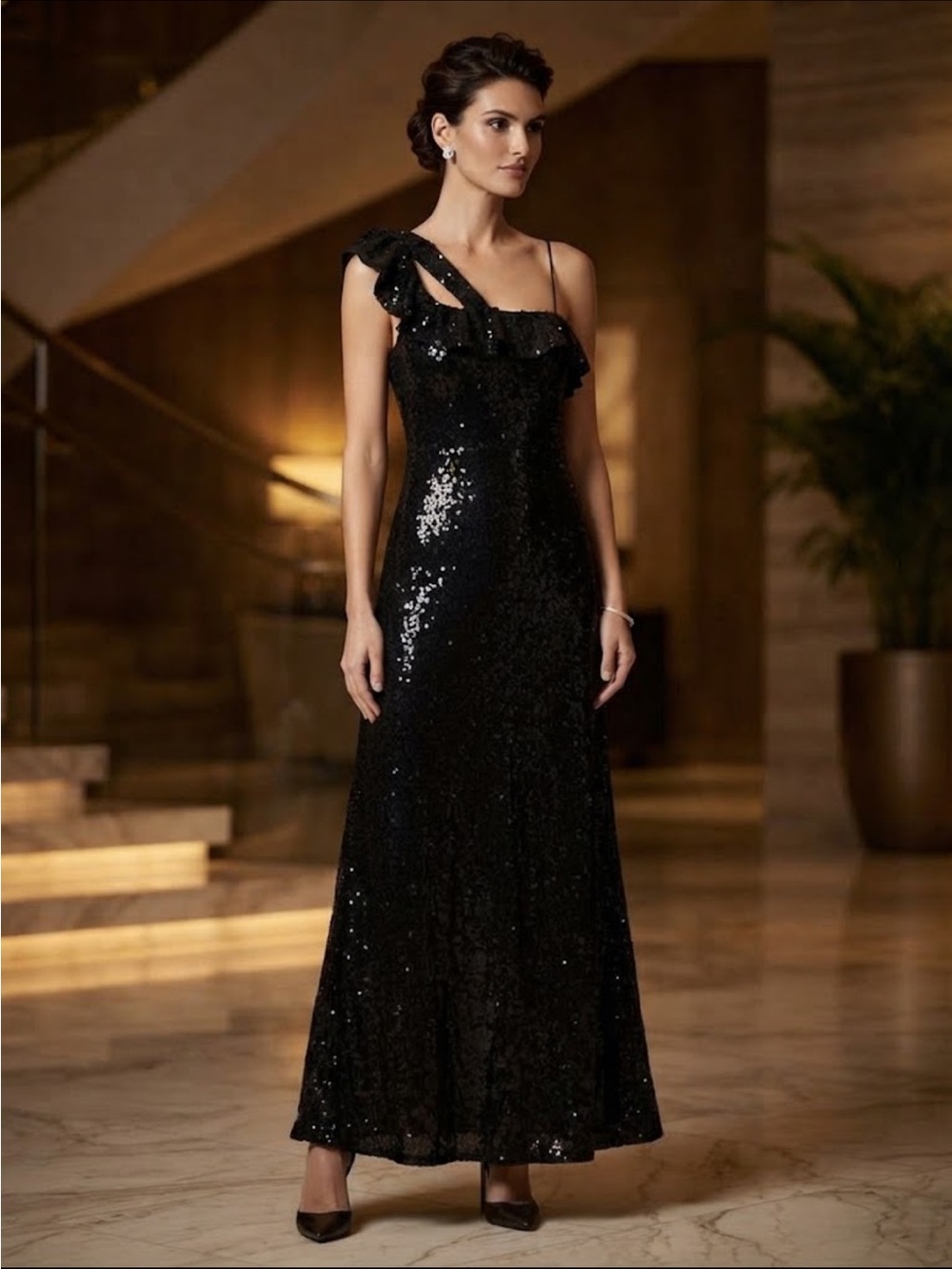 Black Sequin One-Shoulder long Dress